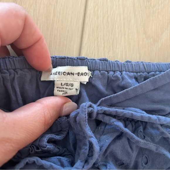 AE American Eagle Blue Eyelet Puff-Sleeve Swing Mini Dress Large Pockets Lined - Picture 7 of 9